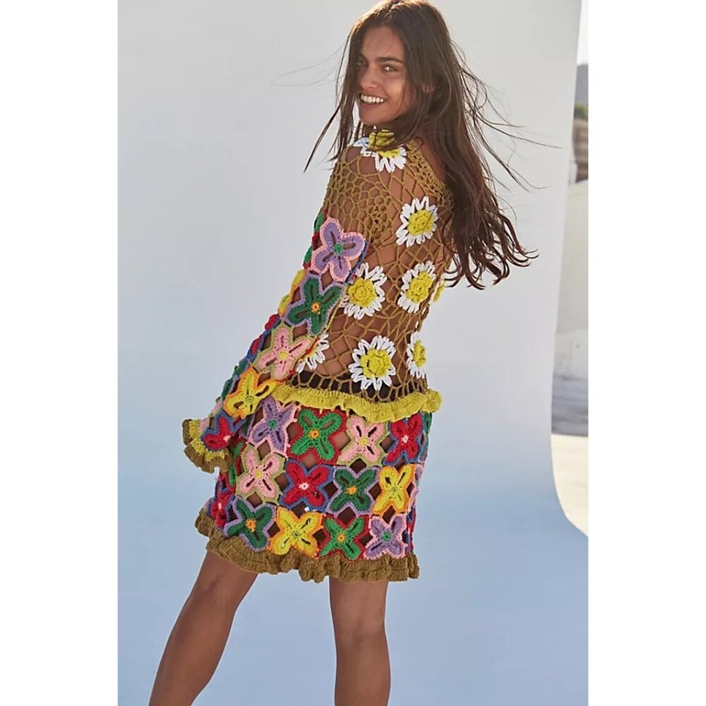 Celia B Galena Green Multi Crochet Long Sleeve Mini Dress Women's X-Small XS - Picture 3 of 8